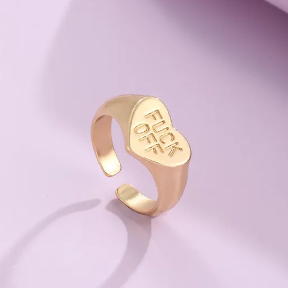 FU F*ck Off Gold Heart Shaped Sassy Adjustable Ring NEW